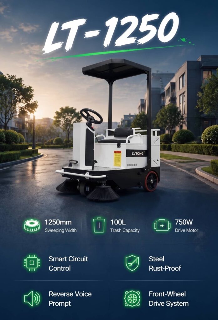 LVTONG 1250 elektrische Aufsitz-Kehrmaschine mit großem Behälter und Staubabsaugungssystem