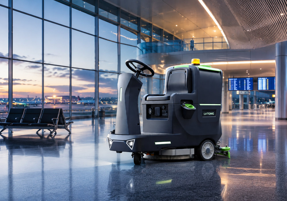 Lavadora de pisos autopropelida para limpeza de aeroportos - LVTONG Lavadora de pisos autopropelida limpando um terminal de aeroporto