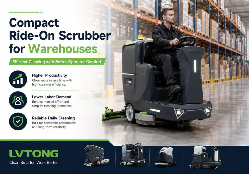 Compact Ride-On Floor Scrubber for Warehouses - LVTONG compact ride-on floor scrubber for warehouse cleaning