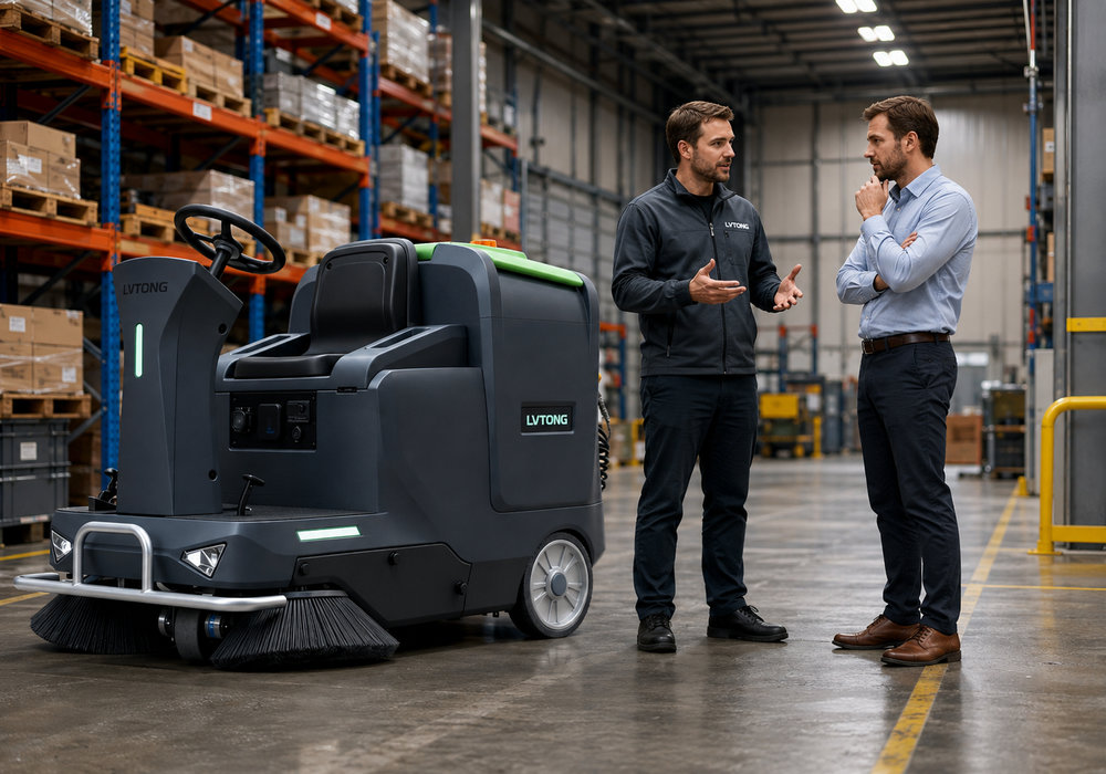 Conseil en matière de vente et de produits de matériel de nettoyage - LVTONG LVTONG, concessionnaire de matériel de nettoyage, conseille un client au sujet d'un équipement de nettoyage autoporté.