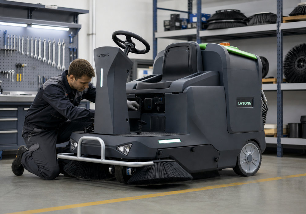 Assistance et service après-vente du distributeur d'équipements de nettoyage LVTONG - LVTONG Technicien d'assistance du distributeur de matériel de nettoyage LVTONG assurant la maintenance d'une autolaveuse autoportée