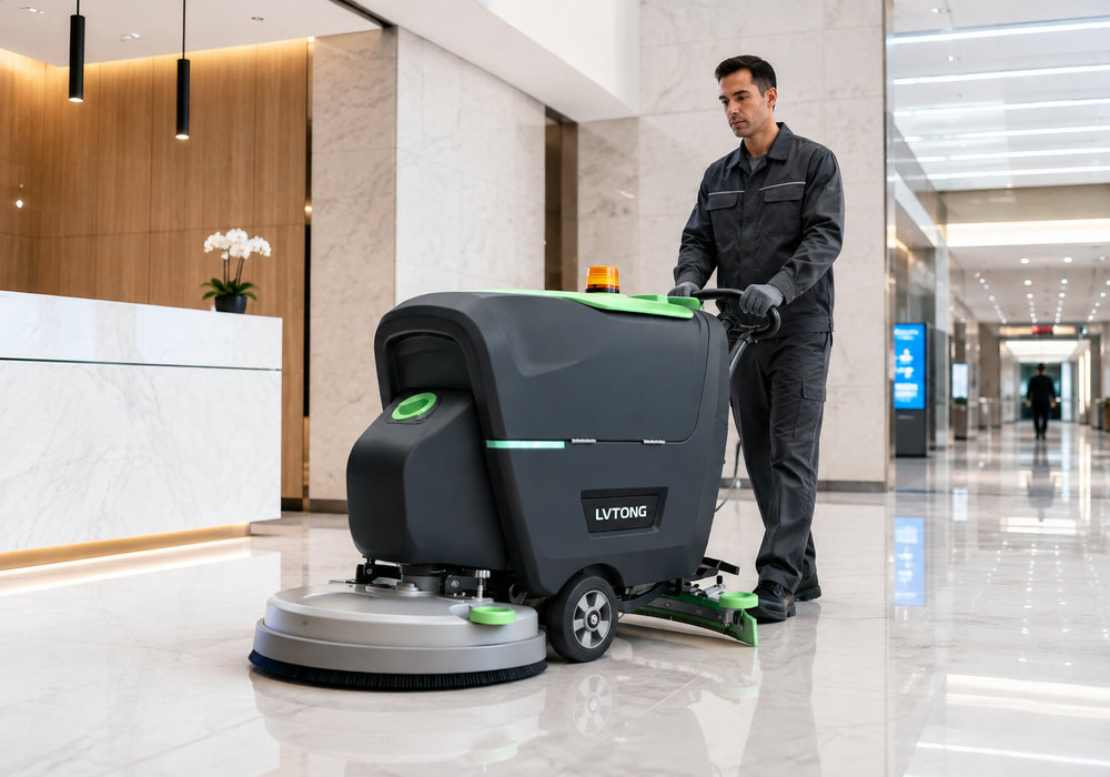 Solution de fournisseur d'équipements de nettoyage de sols commerciaux par LVTONG - LVTONG Un agent d'entretien en uniforme sombre pousse une grande autolaveuse grise dans un hall en marbre clair.