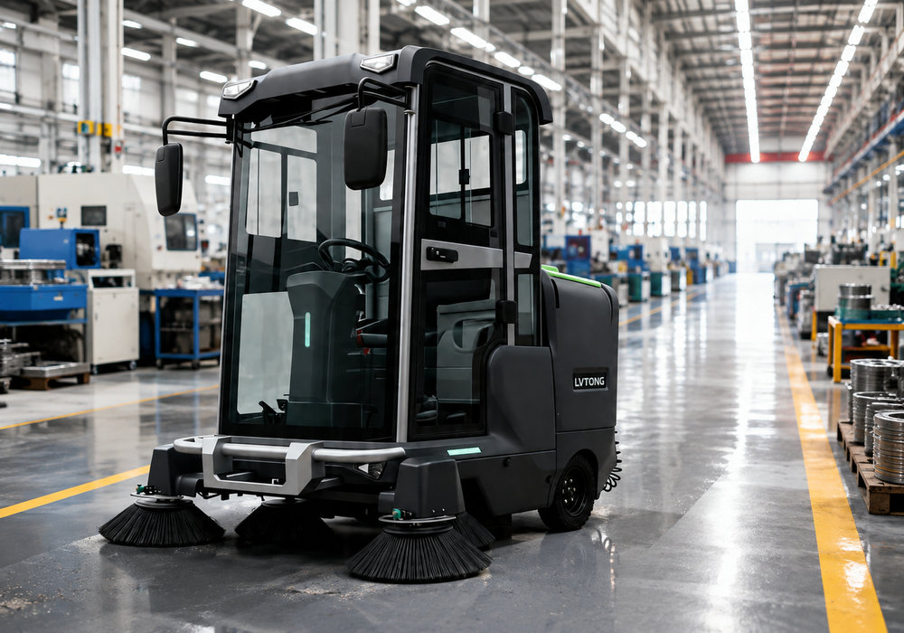 Distributeur de matériel de nettoyage industriel – Balayeuse autoportée LVTONG - LVTONG Le concessionnaire de matériel de nettoyage industriel LVTONG utilise une balayeuse autoportée dans une usine moderne