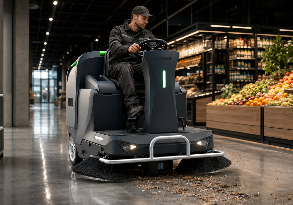 Compact Ride-On Sweeper for Commercial Retail Floors - LVTONG LVTONG compact ride-on floor sweeper cleaning debris in a commercial retail store