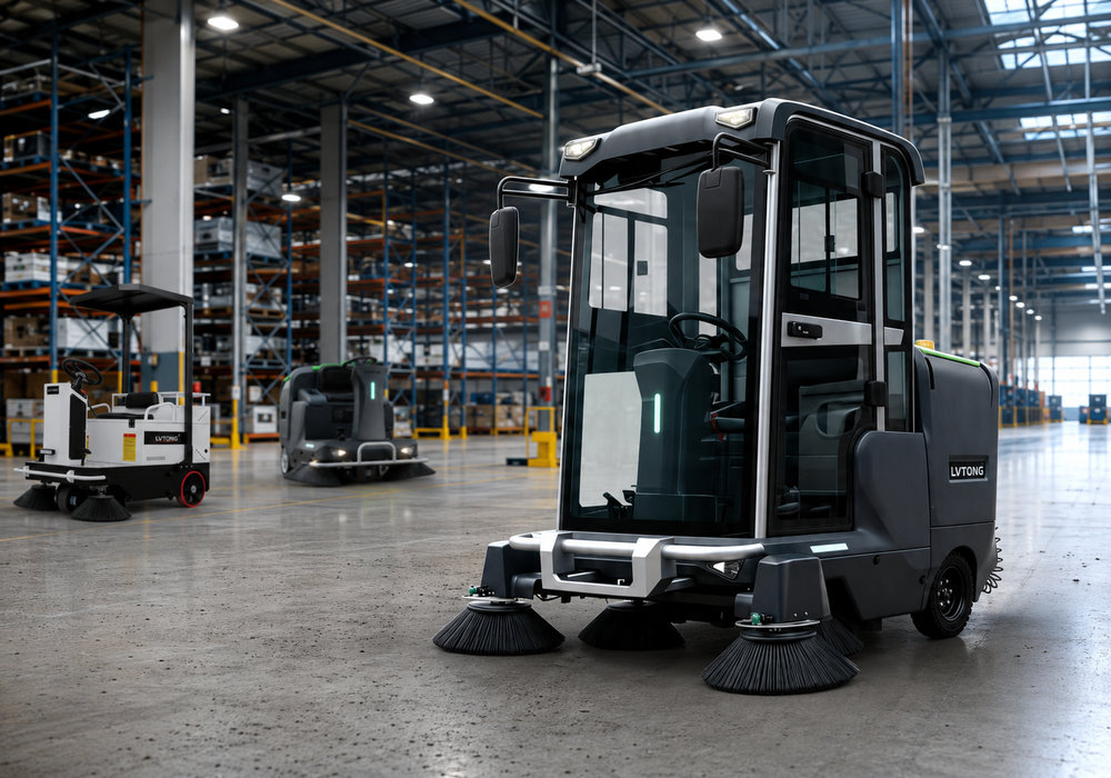 Enclosed Ride-On Floor Sweeper for Industrial Warehouses - LVTONG LVTONG enclosed ride-on floor sweeper operating in a large industrial warehouse