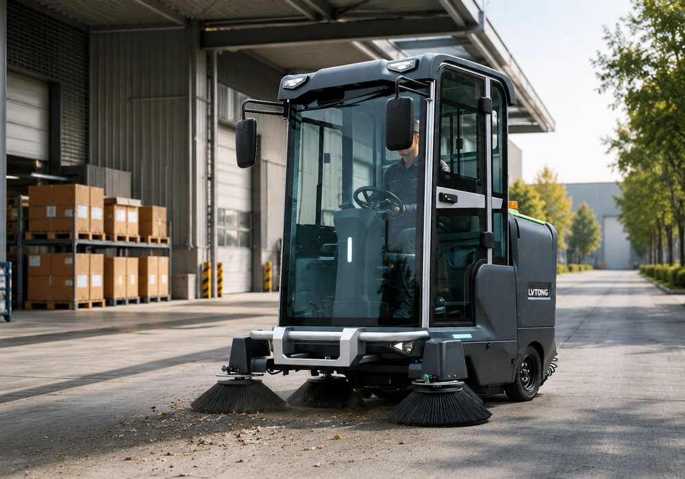 Industrial Ride-On Sweeper for Outdoor Logistics Yards - LVTONG LVTONG enclosed ride-on sweeper cleaning an outdoor industrial logistics yard
