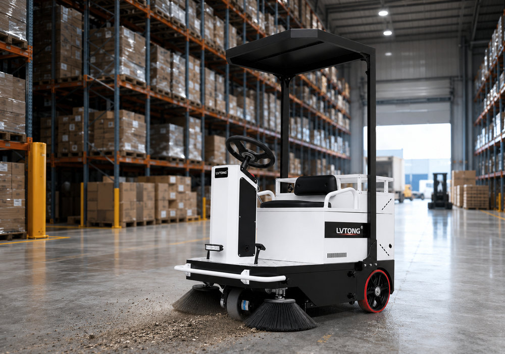Ride-On Floor Sweeper for Warehouse Cleaning - LVTONG LVTONG ride-on floor sweeper collecting debris in a large warehouse aisle