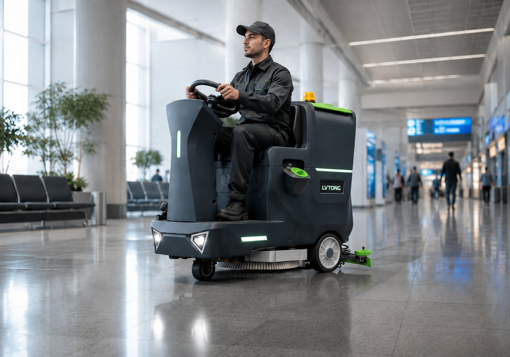 LVTONG Ride-On Scrubber Drier in Airport Terminal - LVTONG LVTONG ride-on scrubber drier cleaning an airport terminal