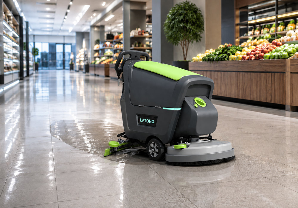 LVTONG Scrubber Drier for Supermarket Floor Cleaning - LVTONG LVTONG scrubber drier cleaning a supermarket floor