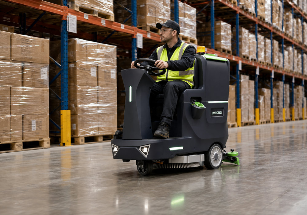 Ride-On Floor Scrubber in a Factory Workshop - LVTONG LVTONG ride-on floor scrubber cleaning a large factory workshop floor