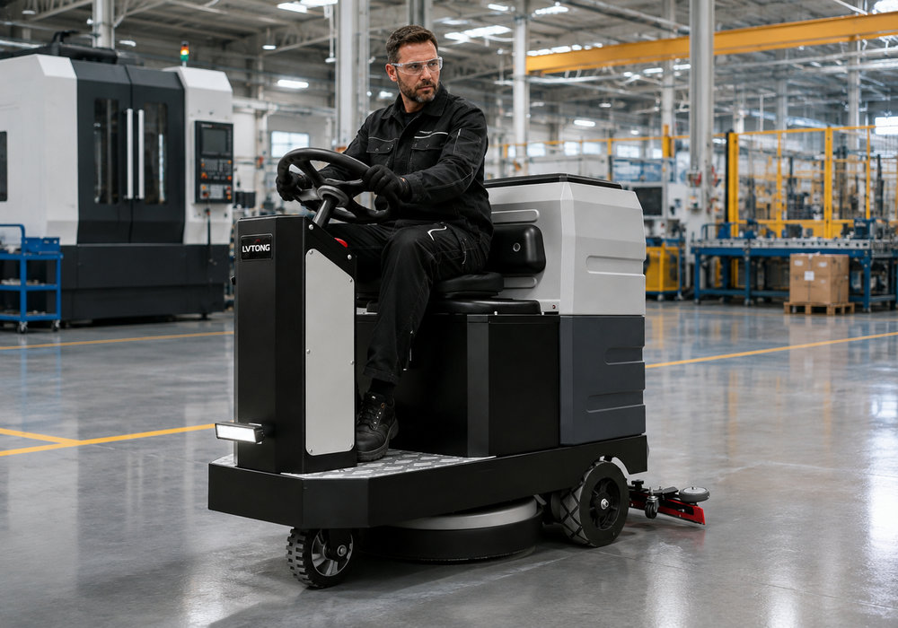 Ride-On Floor Scrubber for Large Warehouses - LVTONG LVTONG ride-on floor scrubber cleaning a large warehouse aisle