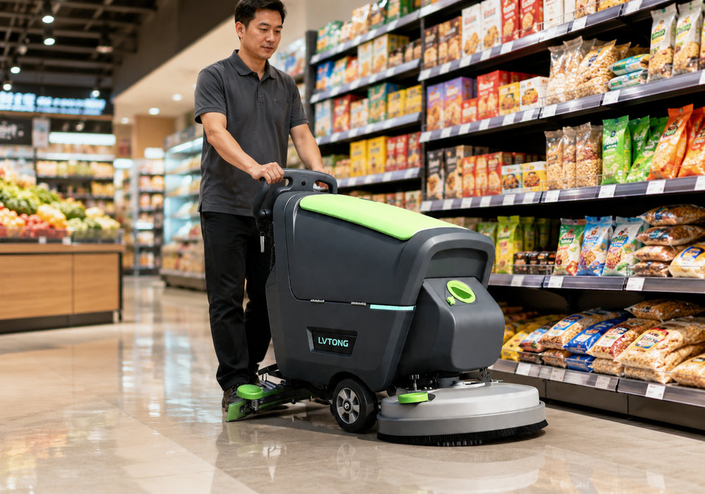 Walk-Behind Floor Scrubber in a Supermarket - LVTONG LVTONG walk-behind floor scrubber cleaning a supermarket aisle