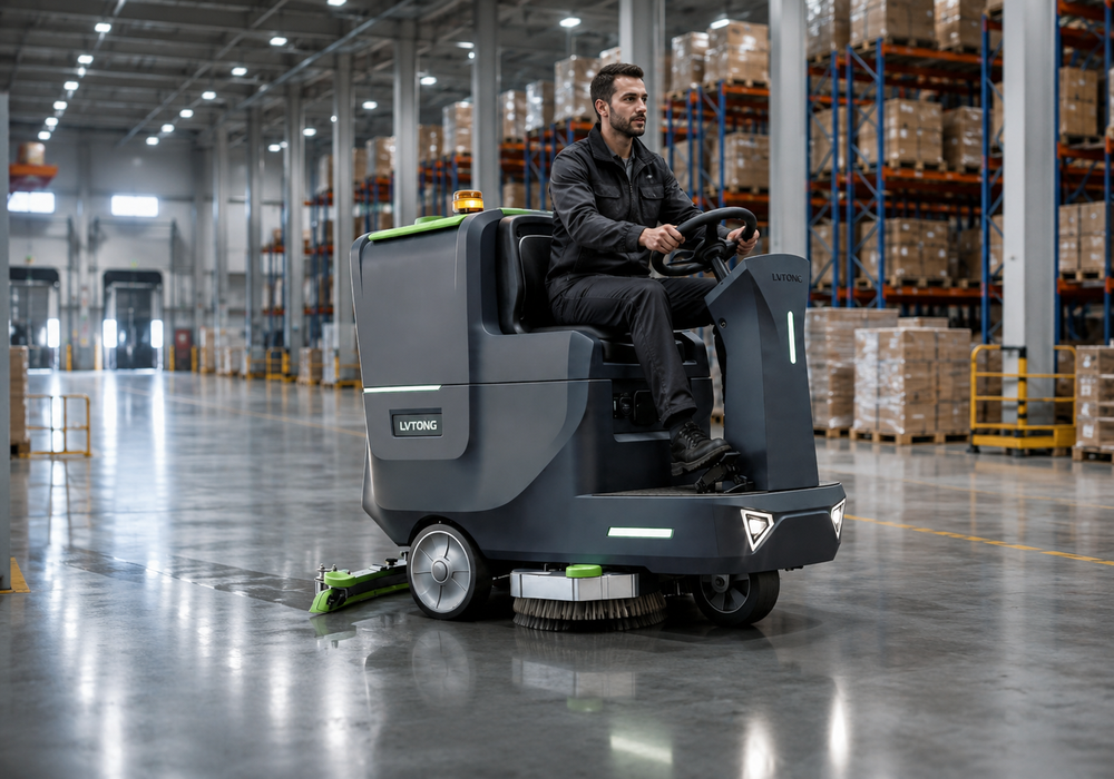Ride-on floor scrubber cleaning a large warehouse floor