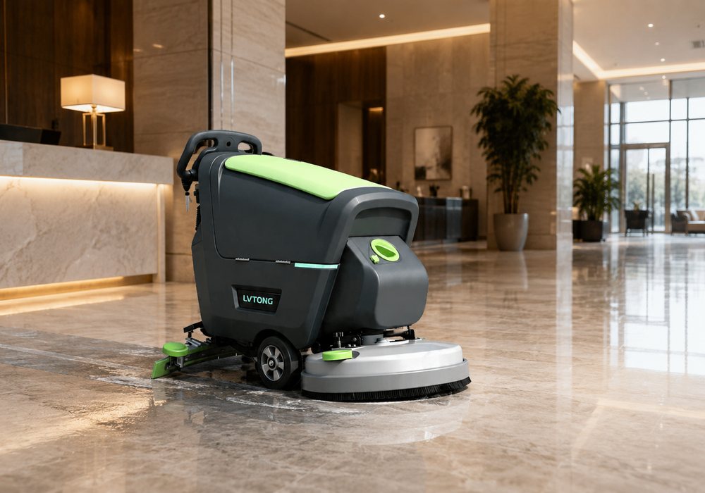 Ride-on floor scrubber cleaning a large warehouse floor