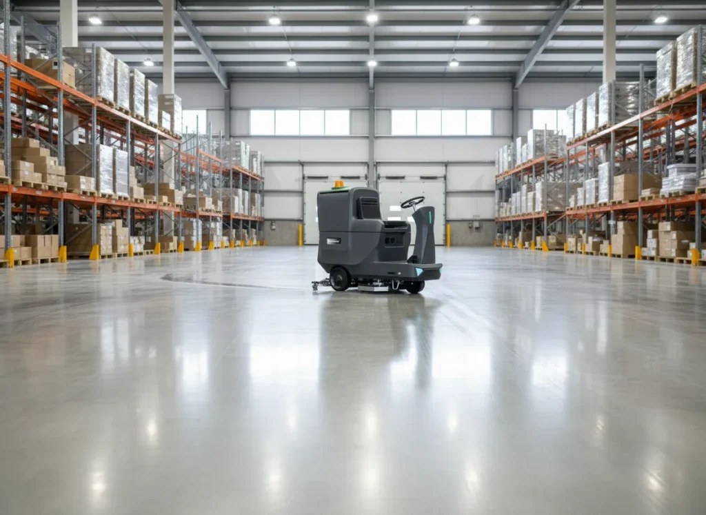 آلة تنظيف الأرضيات التجارية التي يتم ركوبها لتنظيف الأرضية الخرسانية المصقولة لمستودع حديث كبير.