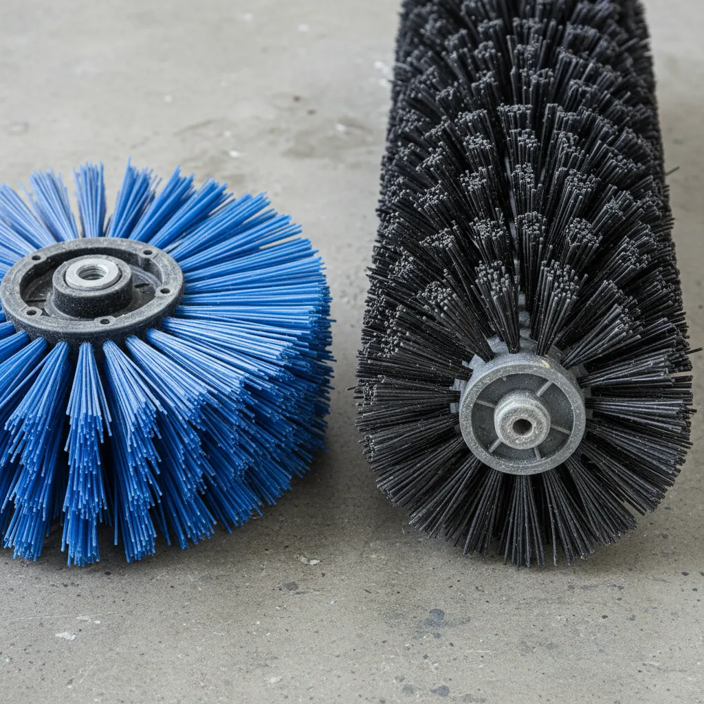 مقارنة عن قرب بين فرشاة قرص مسطحة وفرشاة أسطوانية على شكل أنبوب لغسالة الأرضيات التجارية.