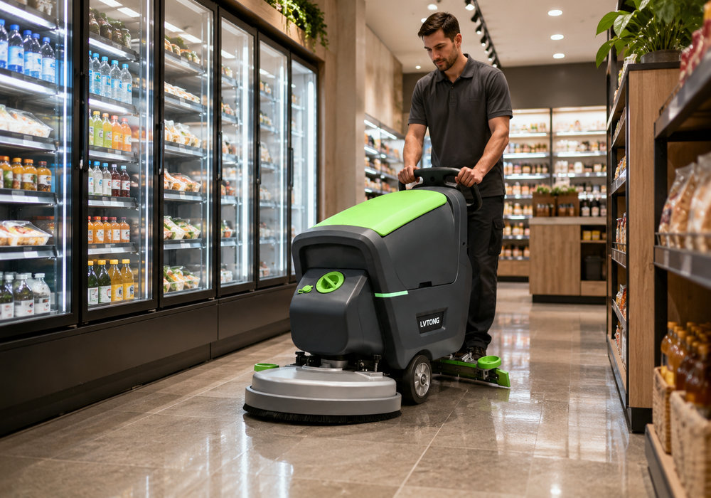 LVTONG walk-behind floor tile scrubber machine cleaning a small commercial tile floor - LVTONG LVTONG walk-behind floor tile scrubber machine cleaning a small commercial tile floor