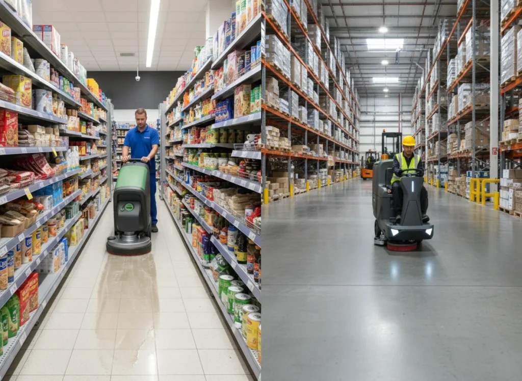 مقارنة بين آلة تنظيف الأرضيات التي يتم المشي عليها في ممر ضيق وآلة تنظيف الأرضيات التي يتم ركوبها في مستودع مفتوح.