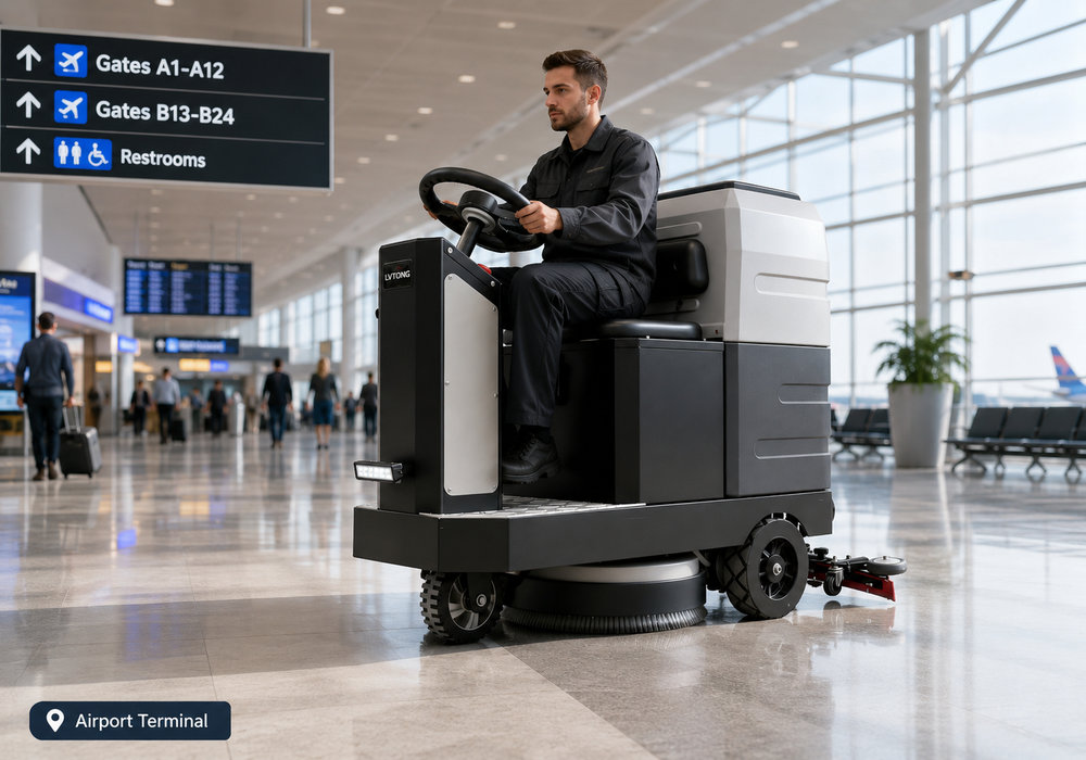 Autolaveuse automatique pour le nettoyage des terminaux d'aéroport - LVTONG Autolaveuse autoportée nettoyant le sol d'un grand terminal d'aéroport