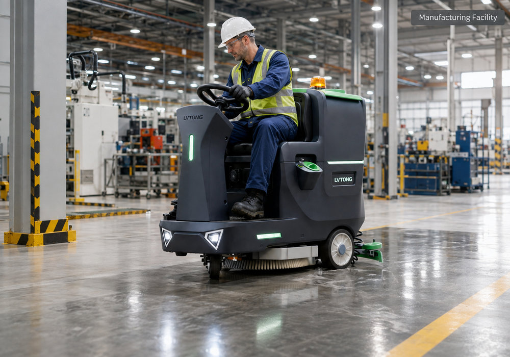 Autolaveuse autoportée pour sites de production - LVTONG Autolaveuse autoportée automatique nettoyant le sol d'une usine de fabrication