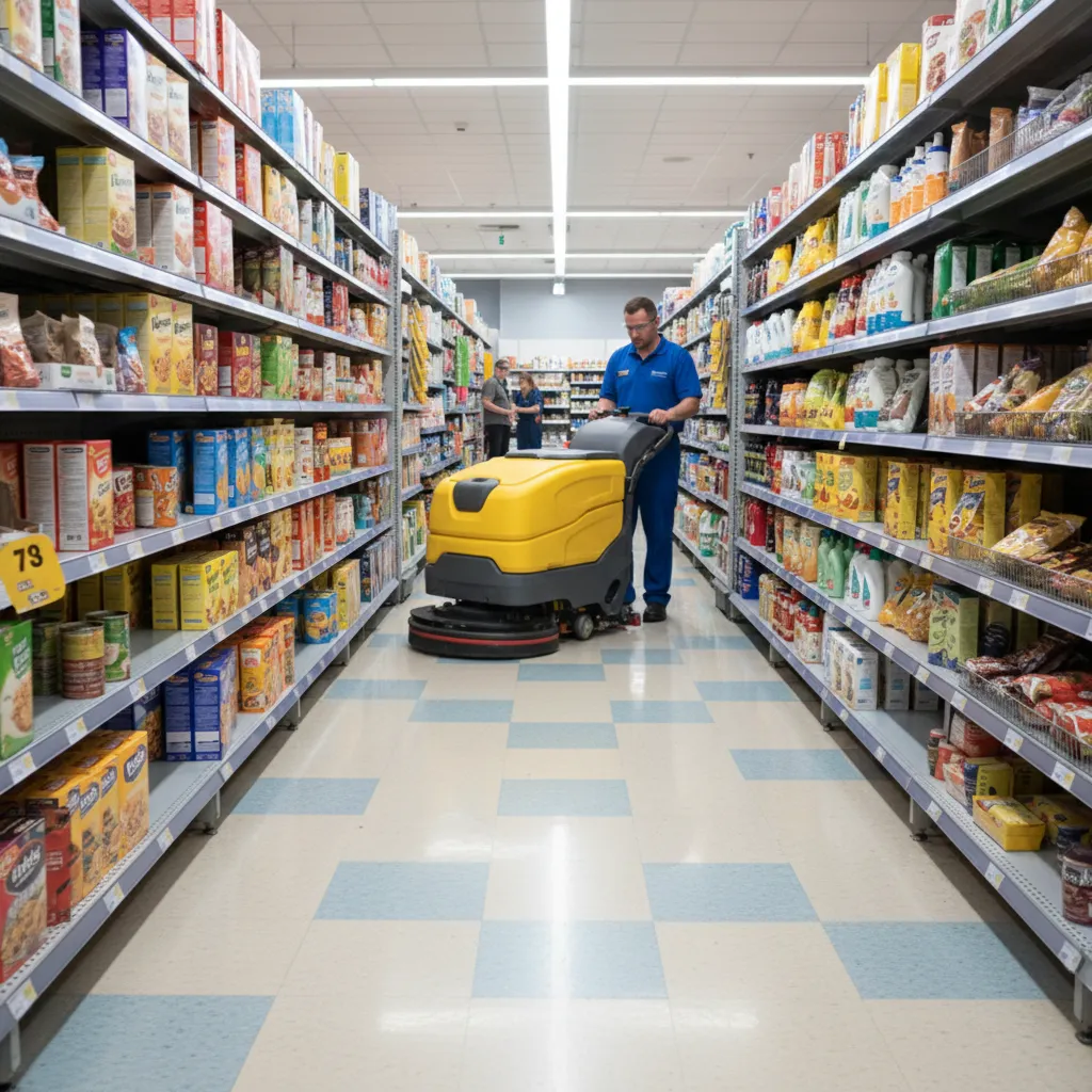 Walk-behind floor scrubber cleaning tight retail aisles