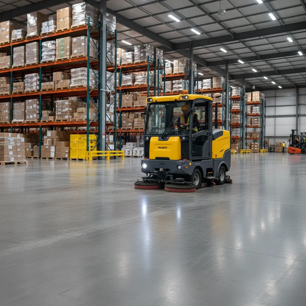 Operador que conduce una gran fregadora de pisos con operador a bordo a través del amplio piso de un almacén moderno, enfatizando su eficiencia para limpiar grandes áreas comerciales.