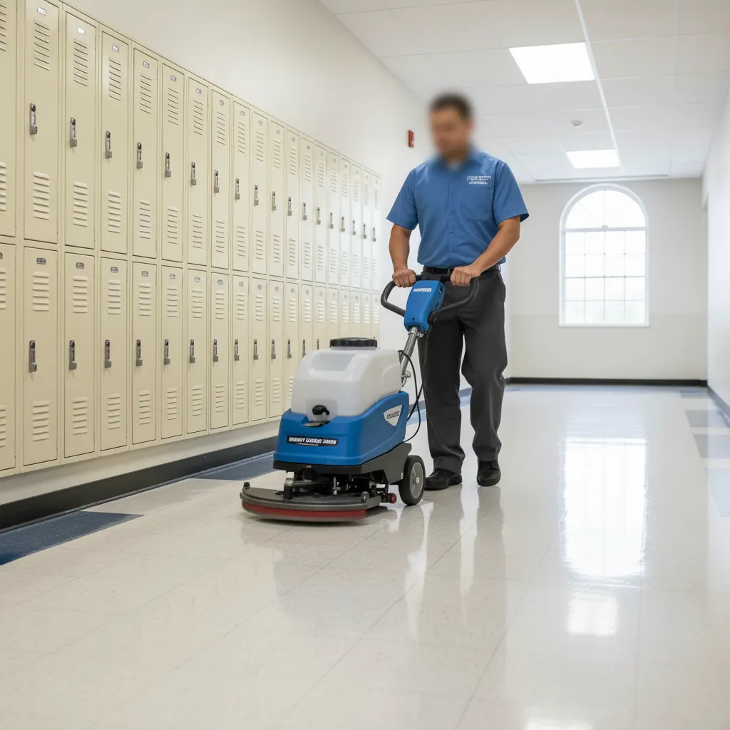 Un operador guía una fregadora de pisos a pie por un pasillo limpio de una escuela, mostrando su maniobrabilidad alrededor de obstáculos como casilleros.