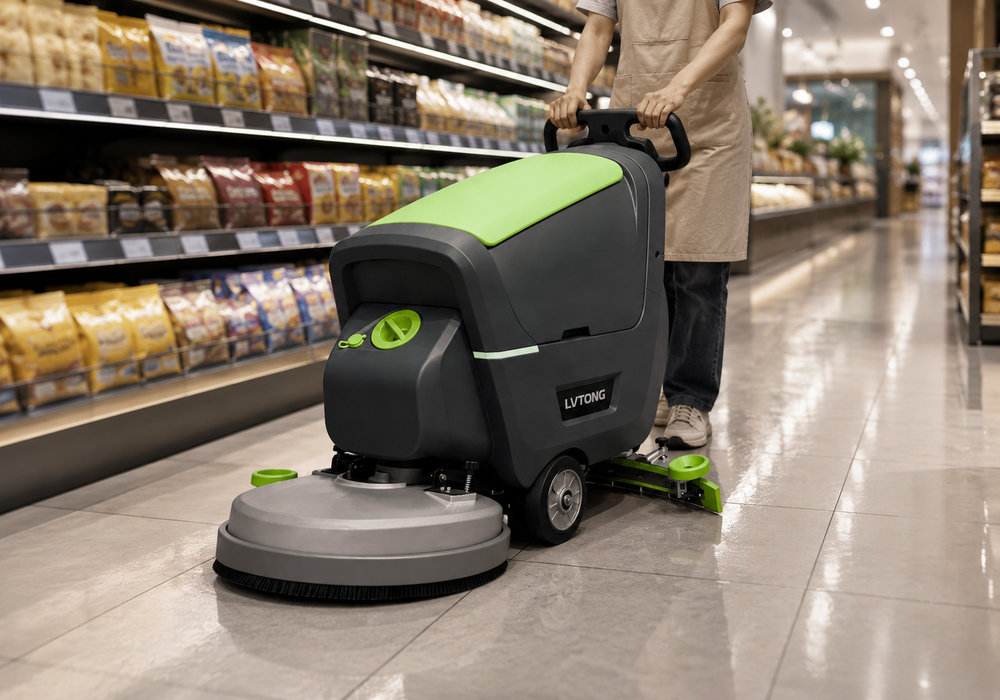 Commercial Floor Scrubber Cleaning a Supermarket Aisle - LVTONG Commercial walk-behind floor scrubber cleaning a supermarket aisle with brush and squeegee wear parts