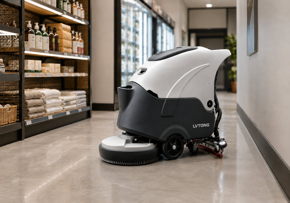 Compact Floor Scrubber for Narrow Retail Aisles - LVTONG Compact LVTONG floor scrubber cleaning a narrow retail store aisle