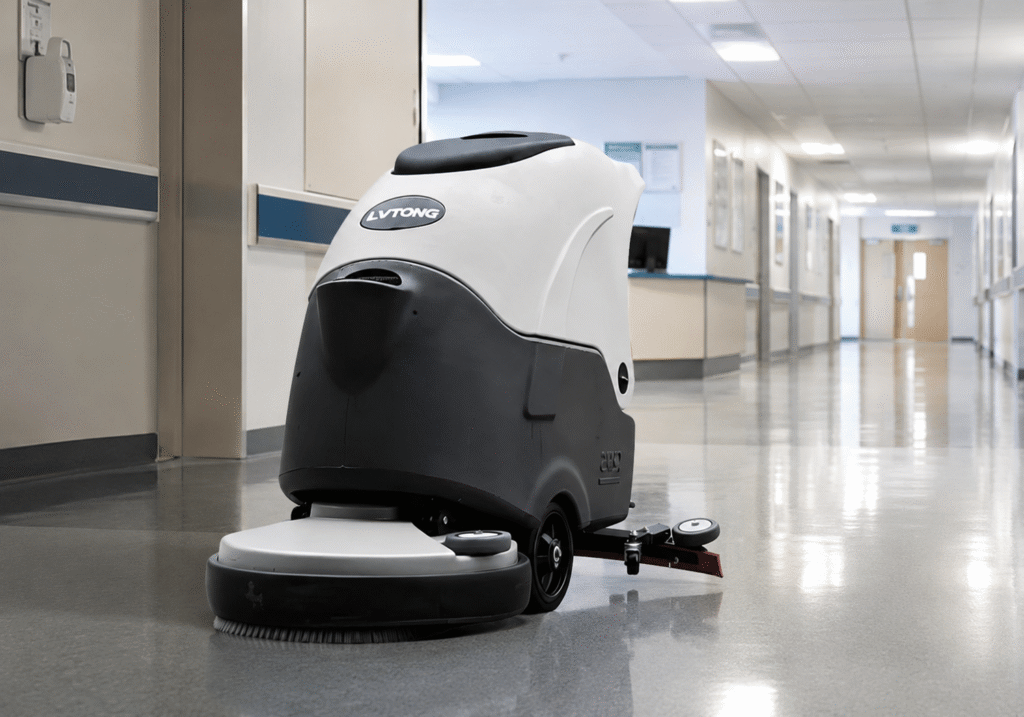 Compact Tile Floor Scrubber for Healthcare Facilities - LVTONG Compact floor scrubber cleaning smooth tile floors in a hospital corridor