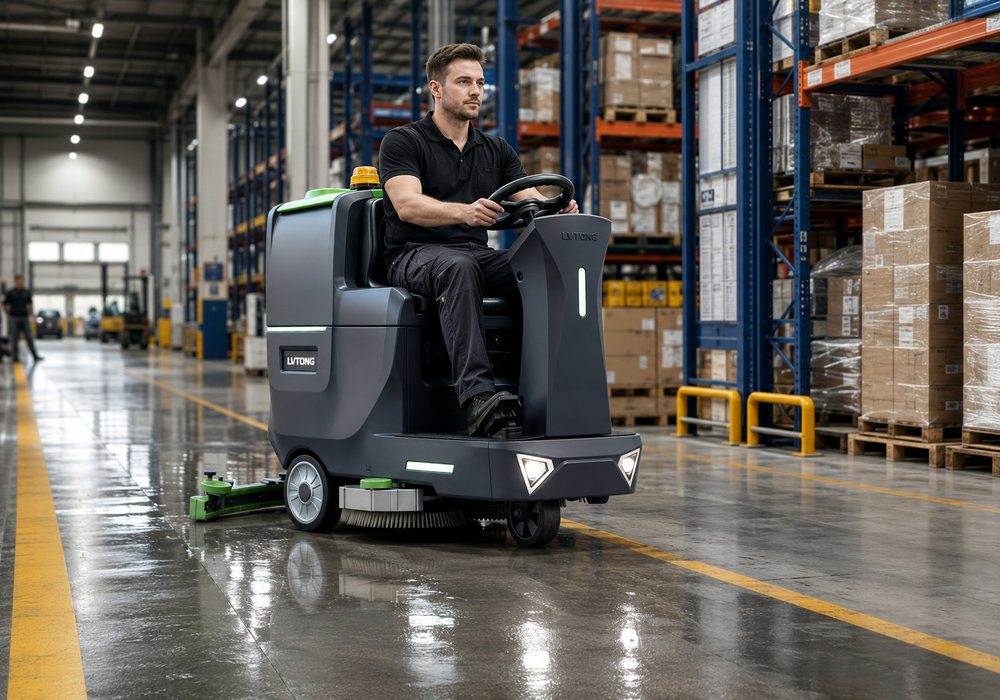 Industrial floor scrubber cleaning a logistics park warehouse floor