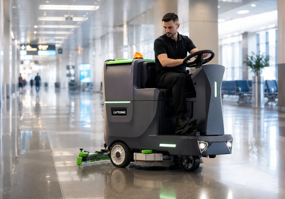 Industrial Floor Scrubber Operating in an Airport Terminal - LVTONG Ride-on industrial floor scrubber cleaning an airport terminal with brush, battery, and squeegee systems