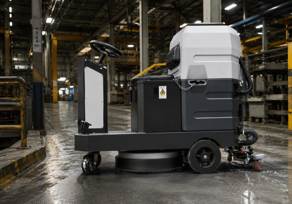 Industrial Floor Scrubber for Warehouse and Factory Cleaning - LVTONG Industrial ride-on floor scrubber cleaning concrete and tile floors in a warehouse