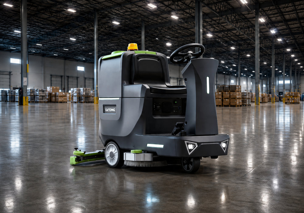 Ride-On Floor Scrubber for Large Warehouses - LVTONG LVTONG ride-on floor scrubber cleaning a large industrial warehouse