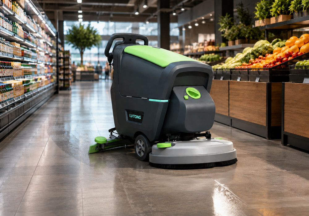Walk-Behind Floor Scrubber for Supermarkets - LVTONG LVTONG walk-behind floor scrubber cleaning a supermarket aisle