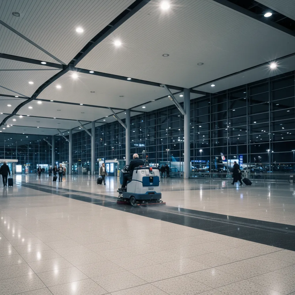 Large ride-on floor scrubber cleaning airport terminal with instant dry floors and high passenger traffic
