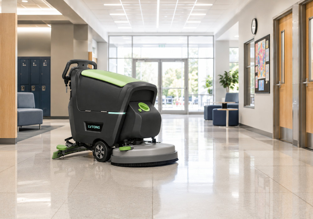 OEM Walk-Behind Floor Scrubber for School Cleaning - LVTONG OEM floor scrubber cleaning a school corridor with a compact walk-behind configuration
