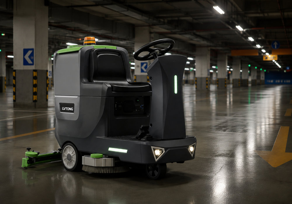 OEM Ride-On Floor Scrubber for Parking Garage Cleaning - LVTONG OEM ride-on floor scrubber cleaning a large underground parking garage