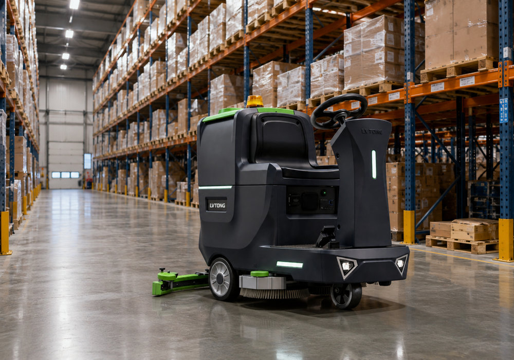 OEM Ride-On Floor Scrubber for Warehouse and Logistics Cleaning - LVTONG OEM ride-on floor scrubber cleaning a large warehouse and logistics facility