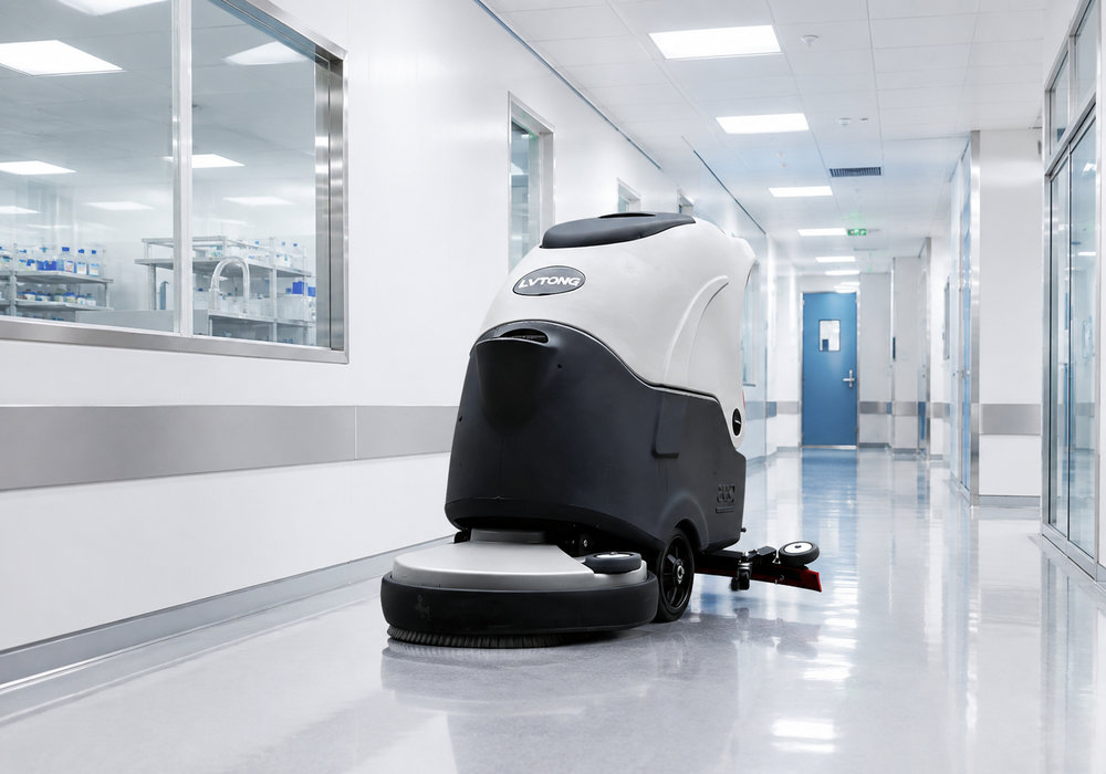 OEM Walk-Behind Floor Scrubber for Healthcare Facilities - LVTONG OEM walk-behind floor scrubber cleaning a healthcare facility corridor