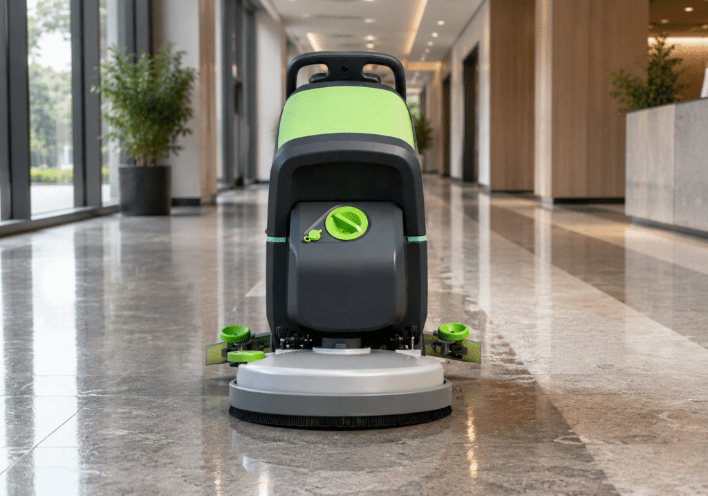 Walk-Behind Tile Floor Scrubber for Commercial Corridors - LVTONG Professional walk-behind floor scrubber cleaning glossy tile floors in a commercial corridor