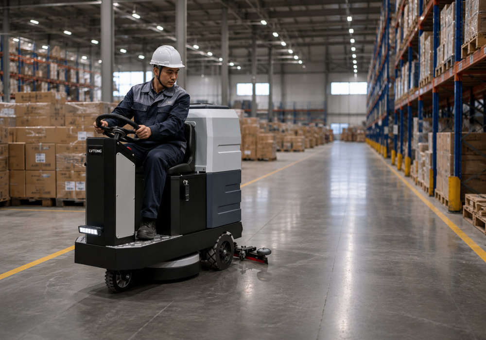Ride-On Floor Scrubber for Logistics Warehouse Cleaning - LVTONG Ride-on floor scrubber cleaning a logistics warehouse with visible brush and water recovery components