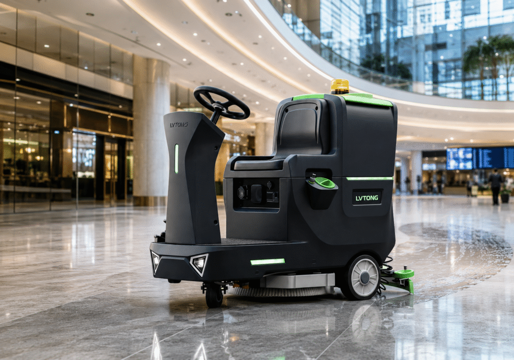 Ride-On Scrubber for Large Tile Floor Areas - LVTONG Ride-on floor scrubber for large tile floor cleaning in shopping mall or airport lobby