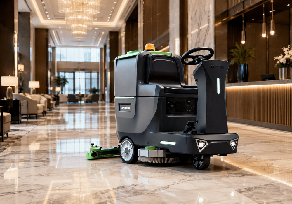 Private Label Ride-On Floor Scrubber for Hotel Cleaning - LVTONG Ride-on floor scrubber for private label OEM cleaning programs in a hotel lobby