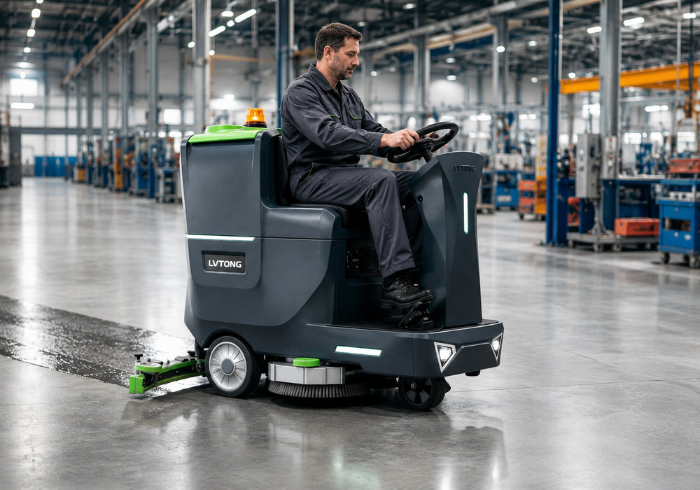 Ride-On Floor Scrubber for Factory Floor Cleaning - LVTONG Industrial ride-on floor scrubber cleaning a factory floor with replaceable brushes, wheels, and squeegee parts