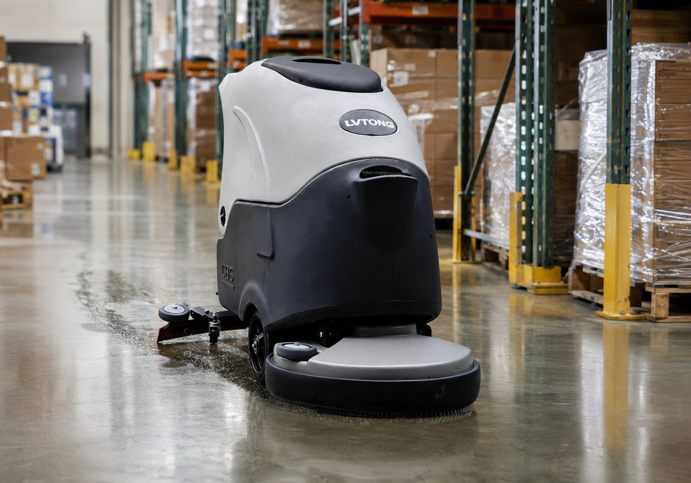 Walk-Behind Industrial Floor Scrubber in a Warehouse - LVTONG Walk-behind industrial floor scrubber cleaning a warehouse floor with the brush deck and squeegee in operation
