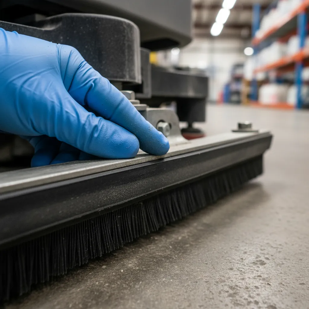 floor-scrubber-squeegee-blade-wear-test - LVTONG A close-up image demonstrating the thumbnail test to check a floor scrubber squeegee blade for wear and damage.