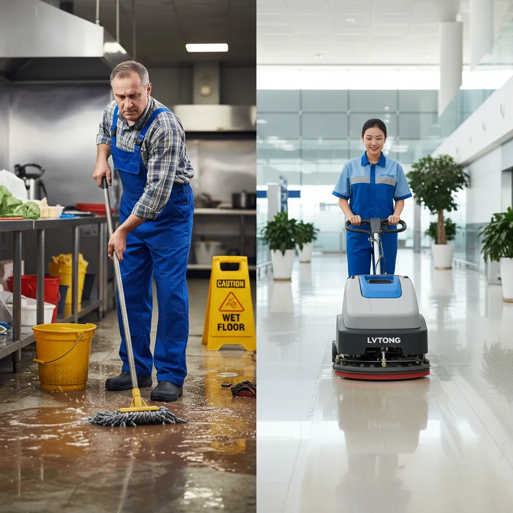 floor-scrubber-vs-traditional-mopping - LVTONG A comparison showing the inefficiency and safety hazards of traditional mopping next to the clean, dry results of an floor scrubber.