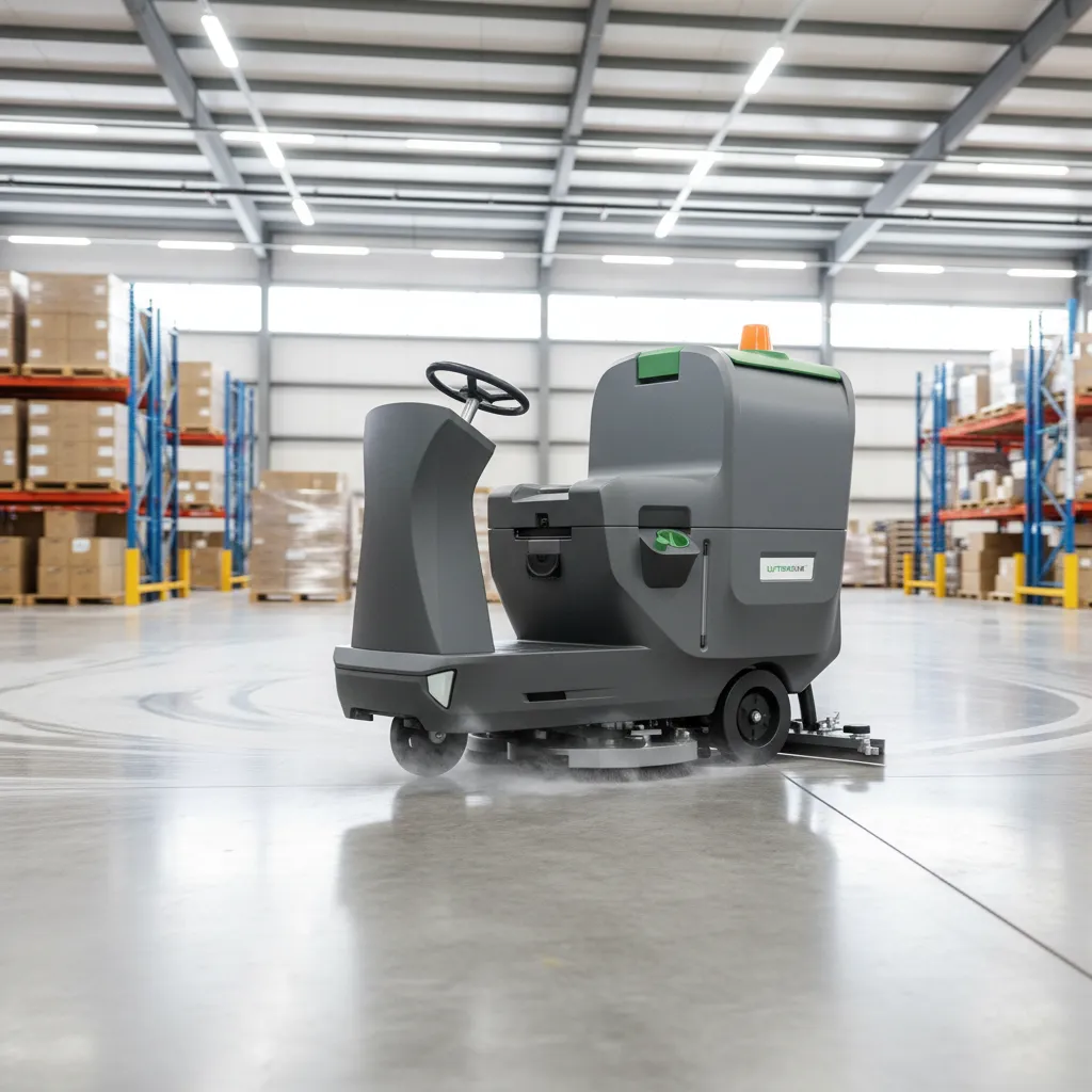 industrial-floor-scrubber-in-action - LVTONG An industrial ride-on floor scrubber cleaning a large warehouse floor, demonstrating its efficiency.