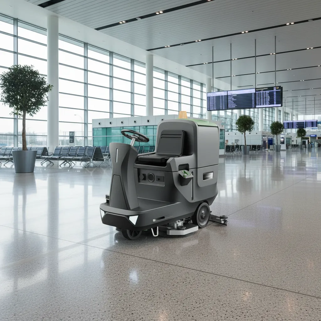 ride-on-floor-scrubber - LVTONG An LVTONG ride-on floor scrubber cleaning a large commercial facility, leaving a dry path behind it.